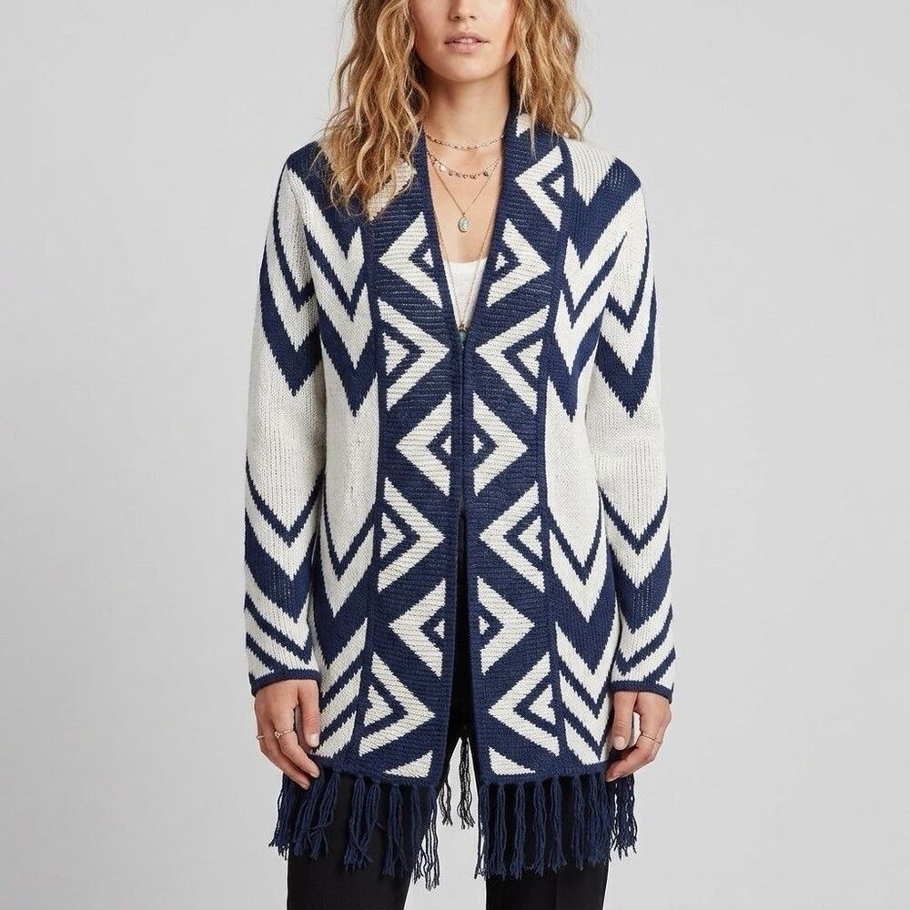 Chicos Cardigan Sweater Sz 1 US 8 Blue White Fringe Aztec Tribal Boho Open Knit